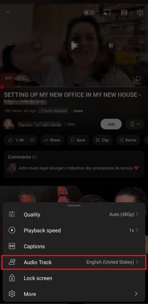 YouTube video showing the audio track settings highlighted in red