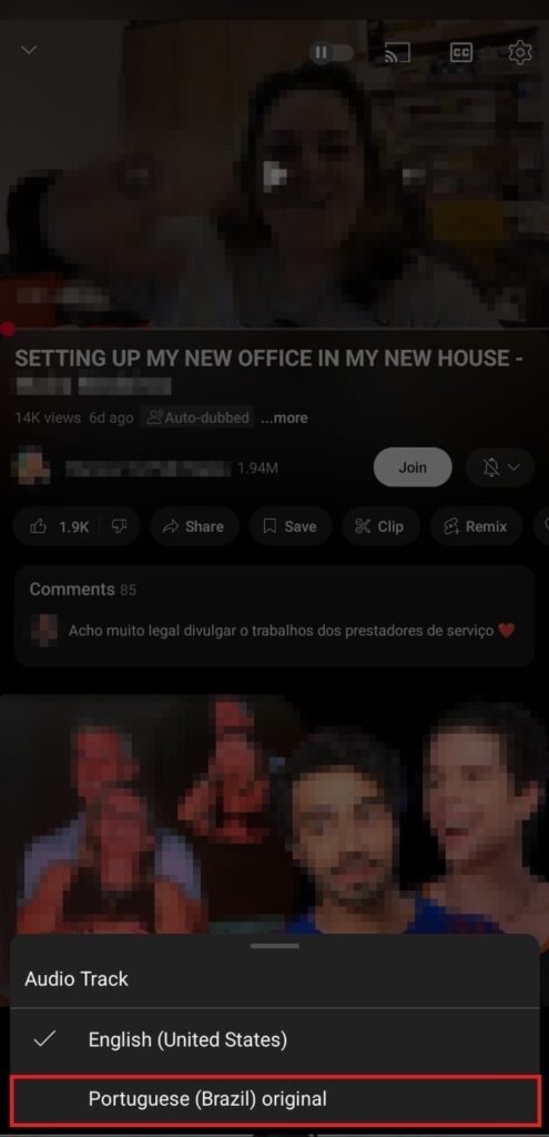 YouTube video showing the audio track settings with the original language highlighted in red
