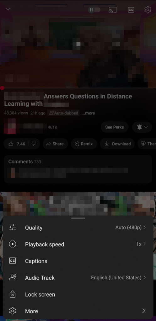 YouTube video showing the audio track settings